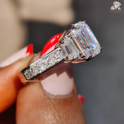 Emerald Cut Moissanite Three Stone Baguette Side Stones with Channel Set  Engagement Ring