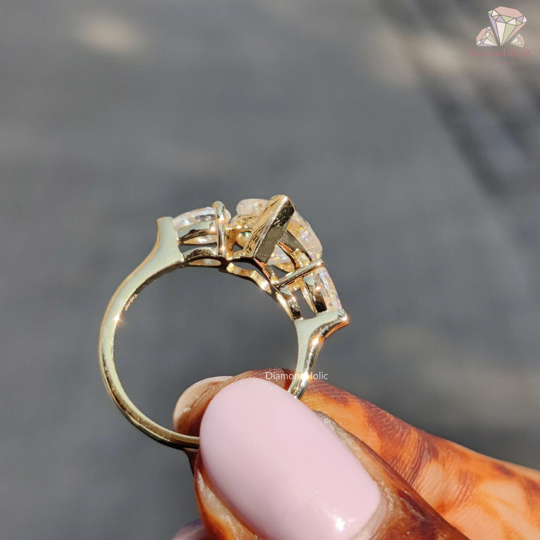 three stone ring gold | heart cut engagement ring | yellow gold bridal ring
