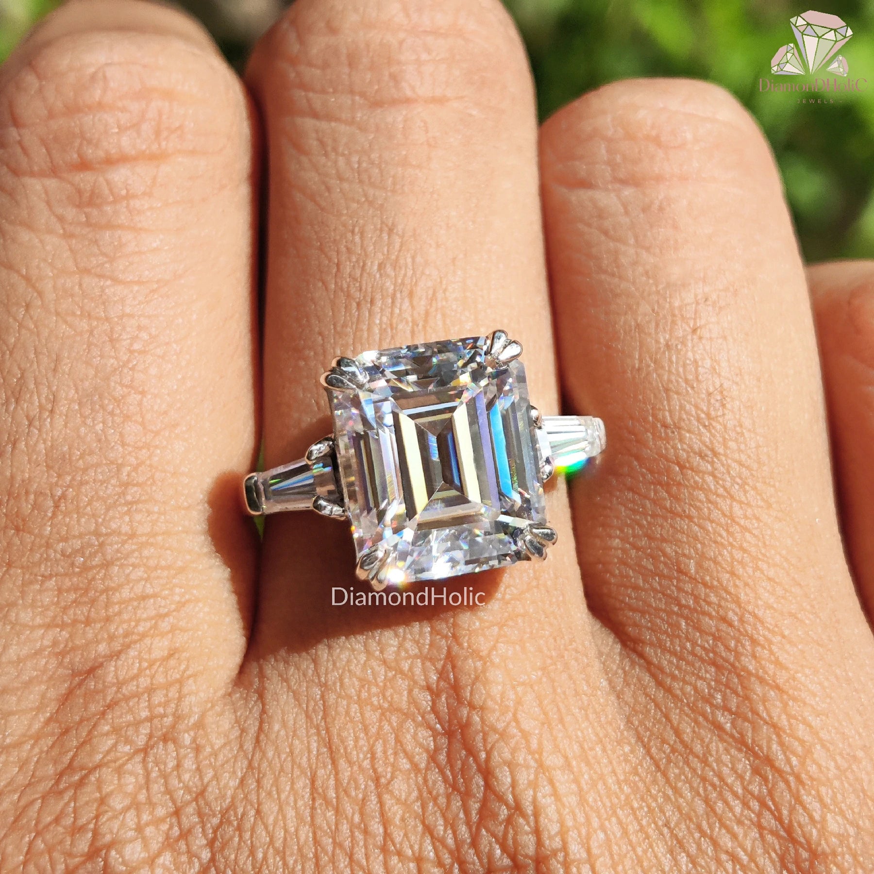 Stunning Emerald Cut Ring | Moissanite and Baguette Design | Three Stone Style

