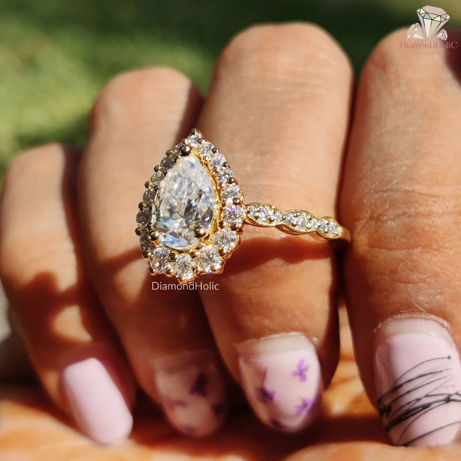 pear moissanite ring | halo engagement ring | gold solitaire ring
