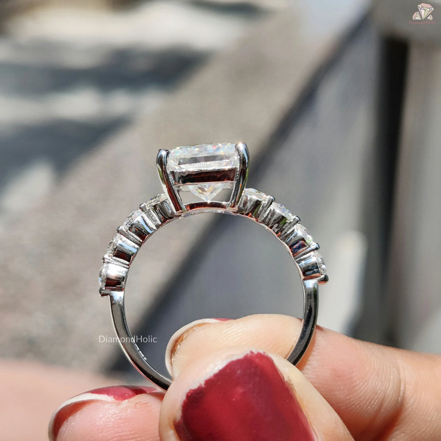 Promise Ring with Pave Band | Princess Moissanite Stone | Unique Love Ring

