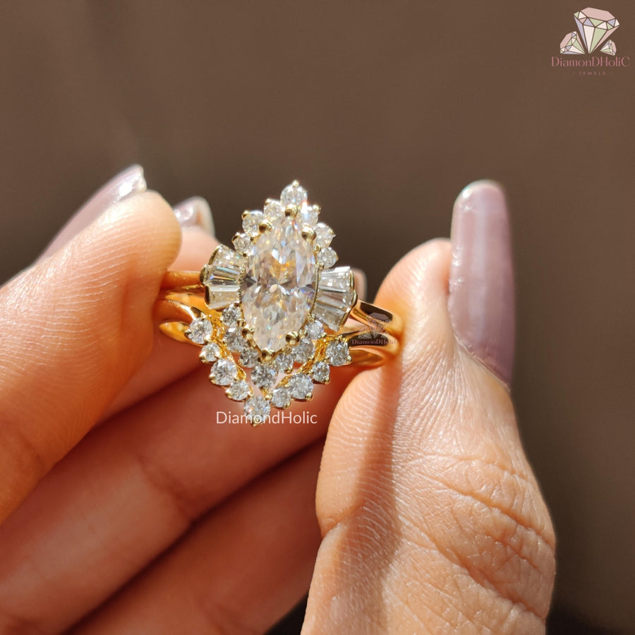 Marquise Cut Moissanite Bridal Ring Set- Sparkling Moissanite Ring Set With Matching Wedding Band