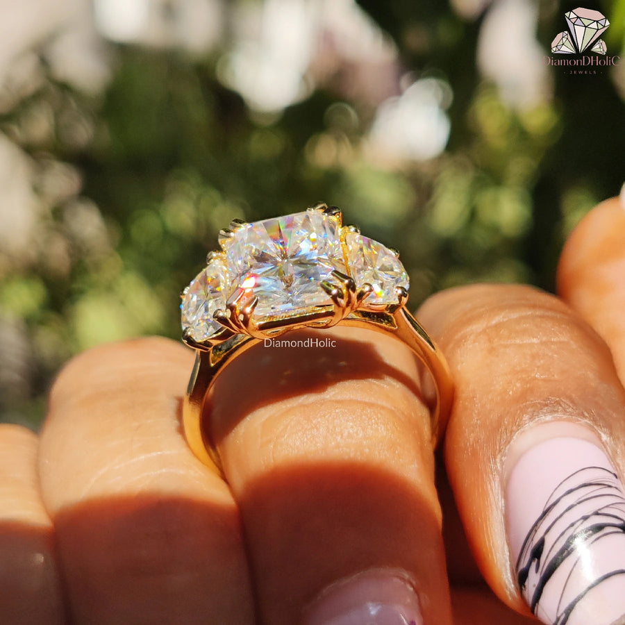 Radiant Cut with Half Moon Side Stone Moissanite Ring – Three-Stone