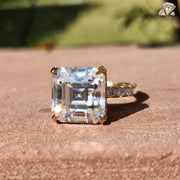 asscher cut diamond look | big moissanite ring | gold moissanite band
