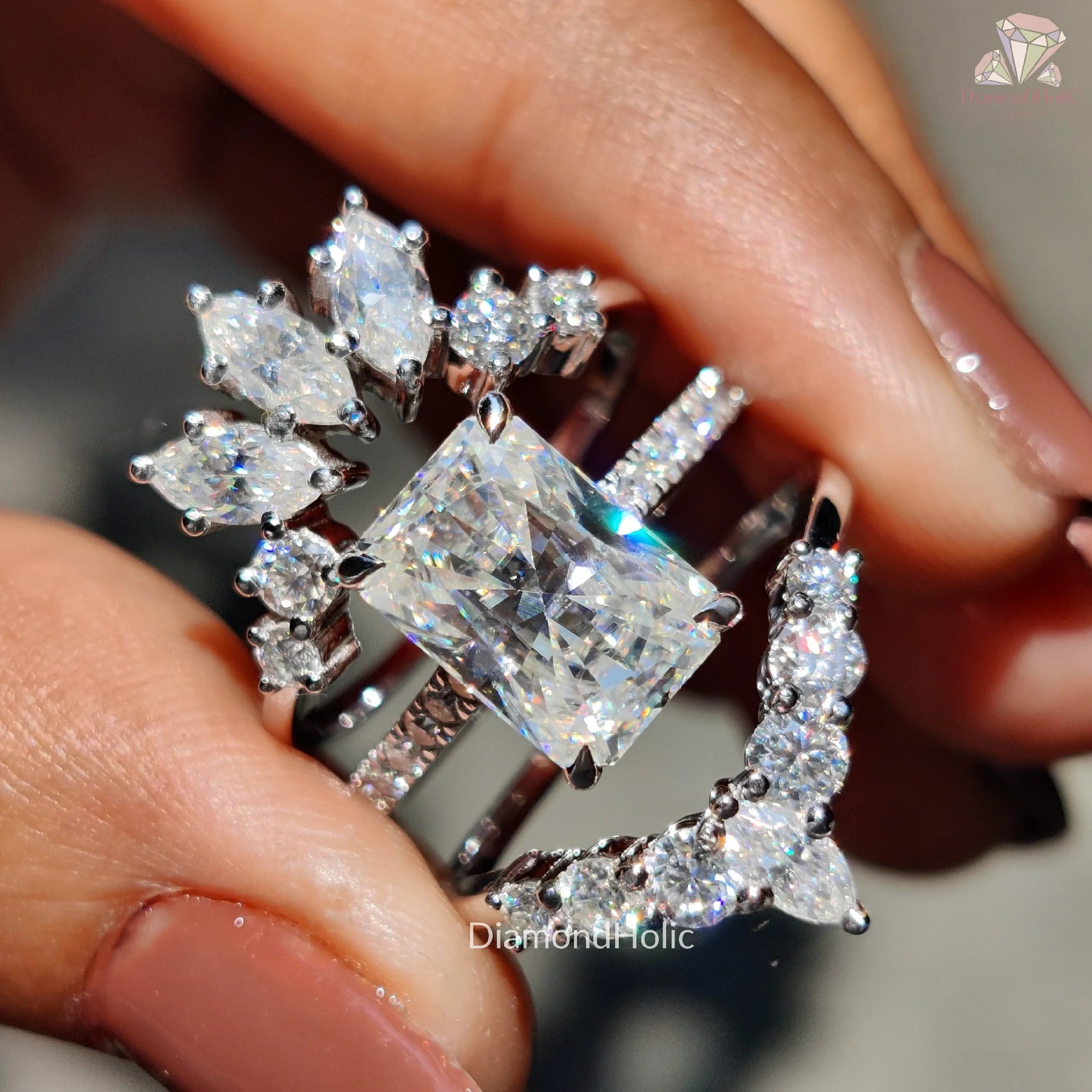 radiant cut bridal set | lab grown diamond rings | wedding ring set
