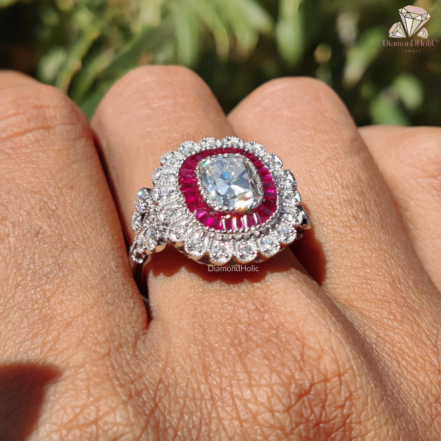 ruby halo bridal ring | floral diamond engagement | unique moissanite ring
