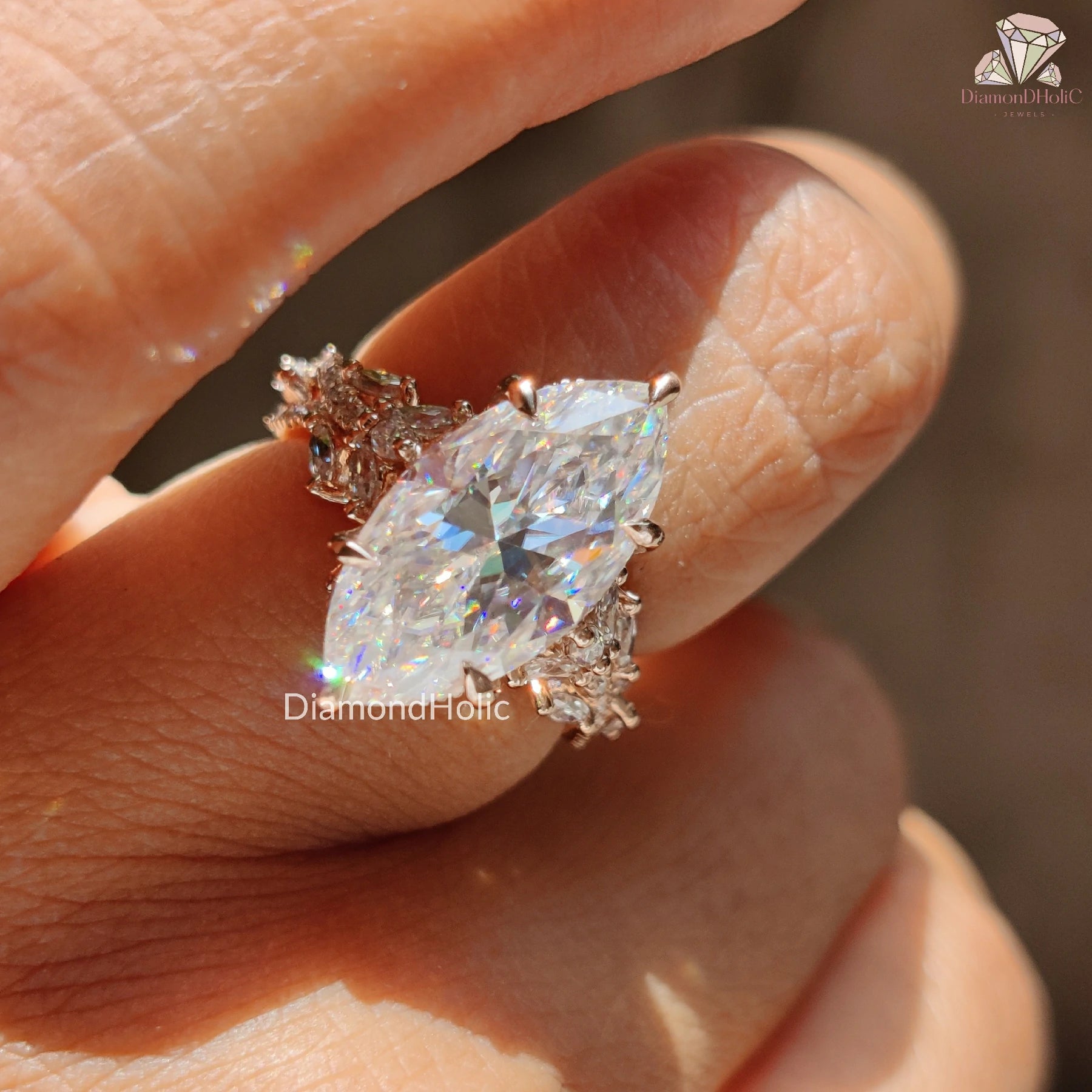 marquise moissanite ring | rose gold engagement ring | floral diamond band
