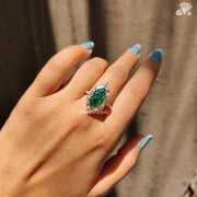 hexagon diamond halo | green stone engagement | emerald look ring

