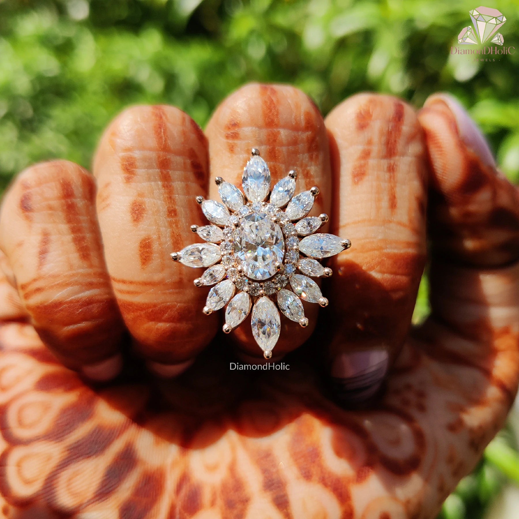 sunburst engagement ring | petal style moissanite ring | rose gold jewelry
