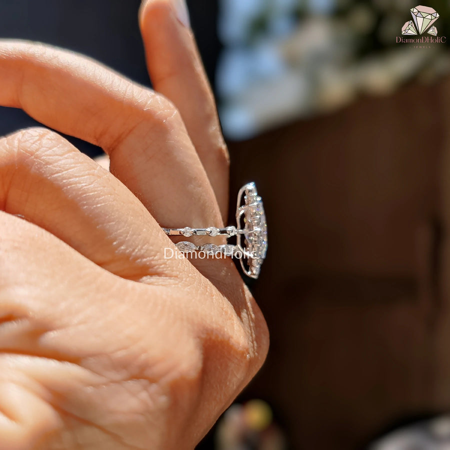 bridal ring set | marquise diamond ring | hidden halo moissanite
