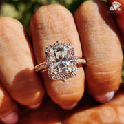 rose gold wedding ring | cushion halo moissanite | radiant halo engagement
