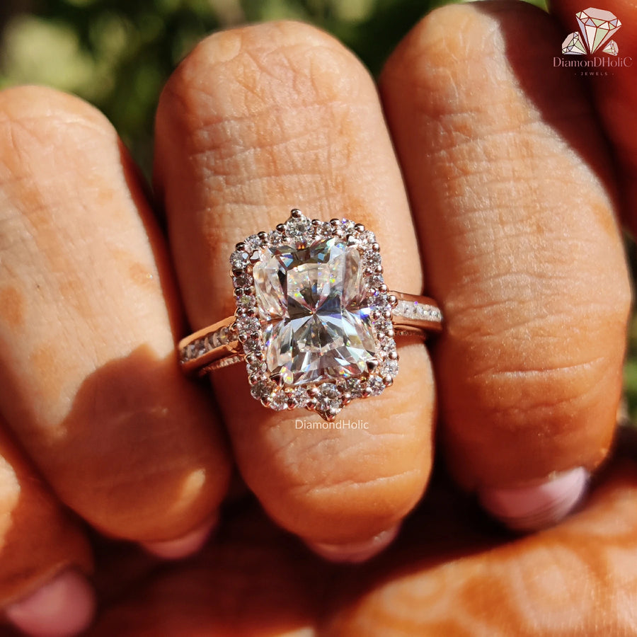 rose gold wedding ring | cushion halo moissanite | radiant halo engagement
