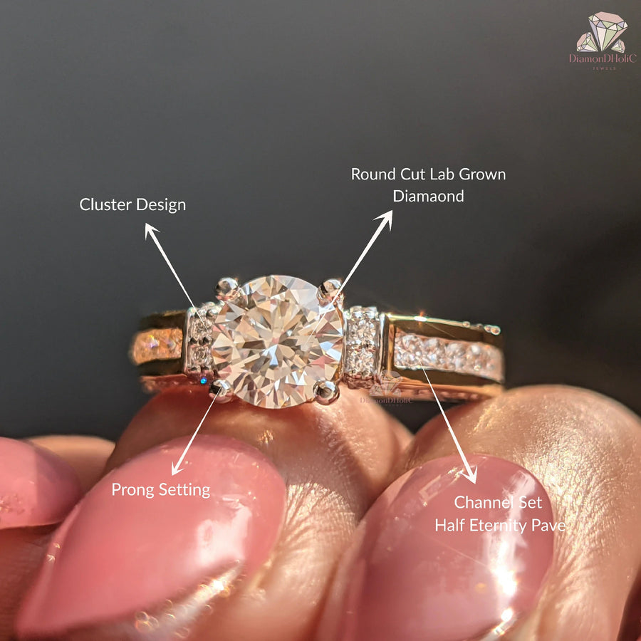 Round Cut Lab Grown Diamond Channel Setting Pave Engagement Ring