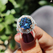 Blue Octa Cut Cluster Halo Engagement Ring With Side Halo Setting