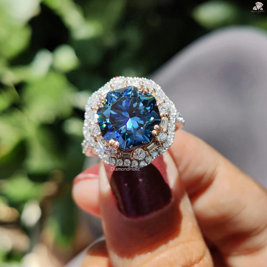 Blue Octa Cut Cluster Halo Engagement Ring With Side Halo Setting