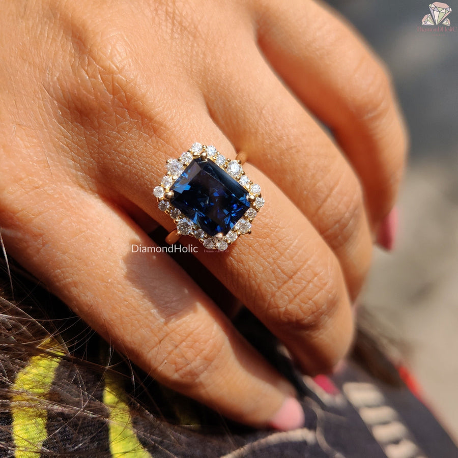 Royal Blue Radiant Cut Moissanite Halo Engagement Ring