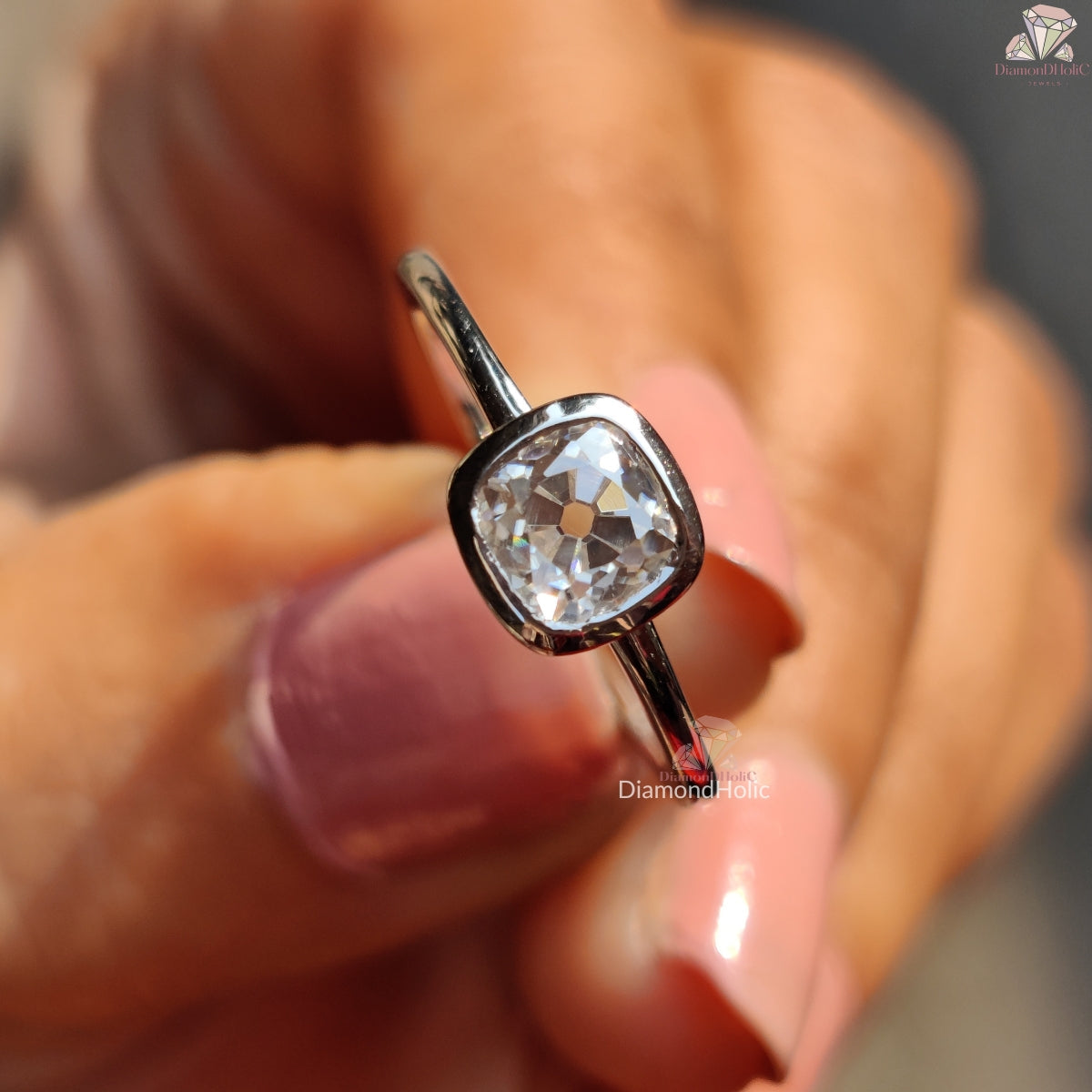 Cushion Cut Solitaire Old European Cut Moissanite Ring With Bezel Set Design
