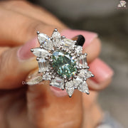 Cyan Blue Oval Cut Moissanite Halo Engagement Ring