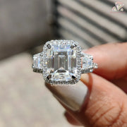 Emerald Cut 3 Stone Moissanite Engagement Ring