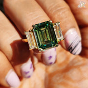 Emerald Cut Green Moissanite Three Stone Engagement Ring