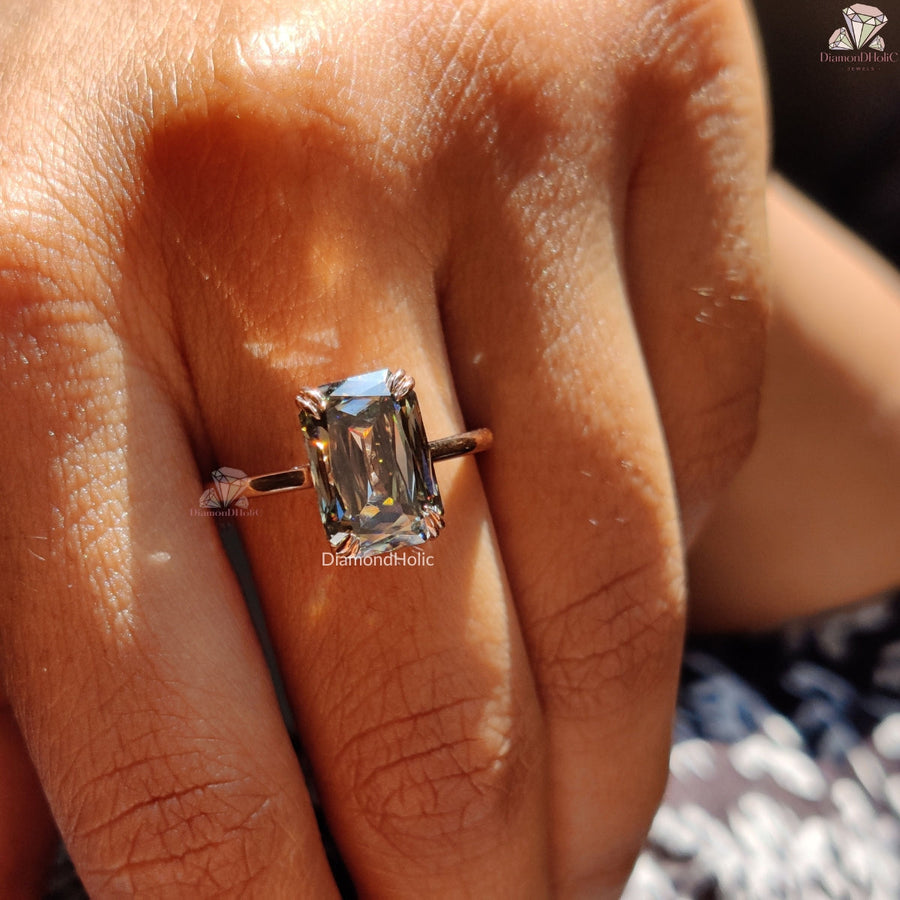 Emerald Cut Grey Solitaire Moissanite Hidden Halo Engagement Ring