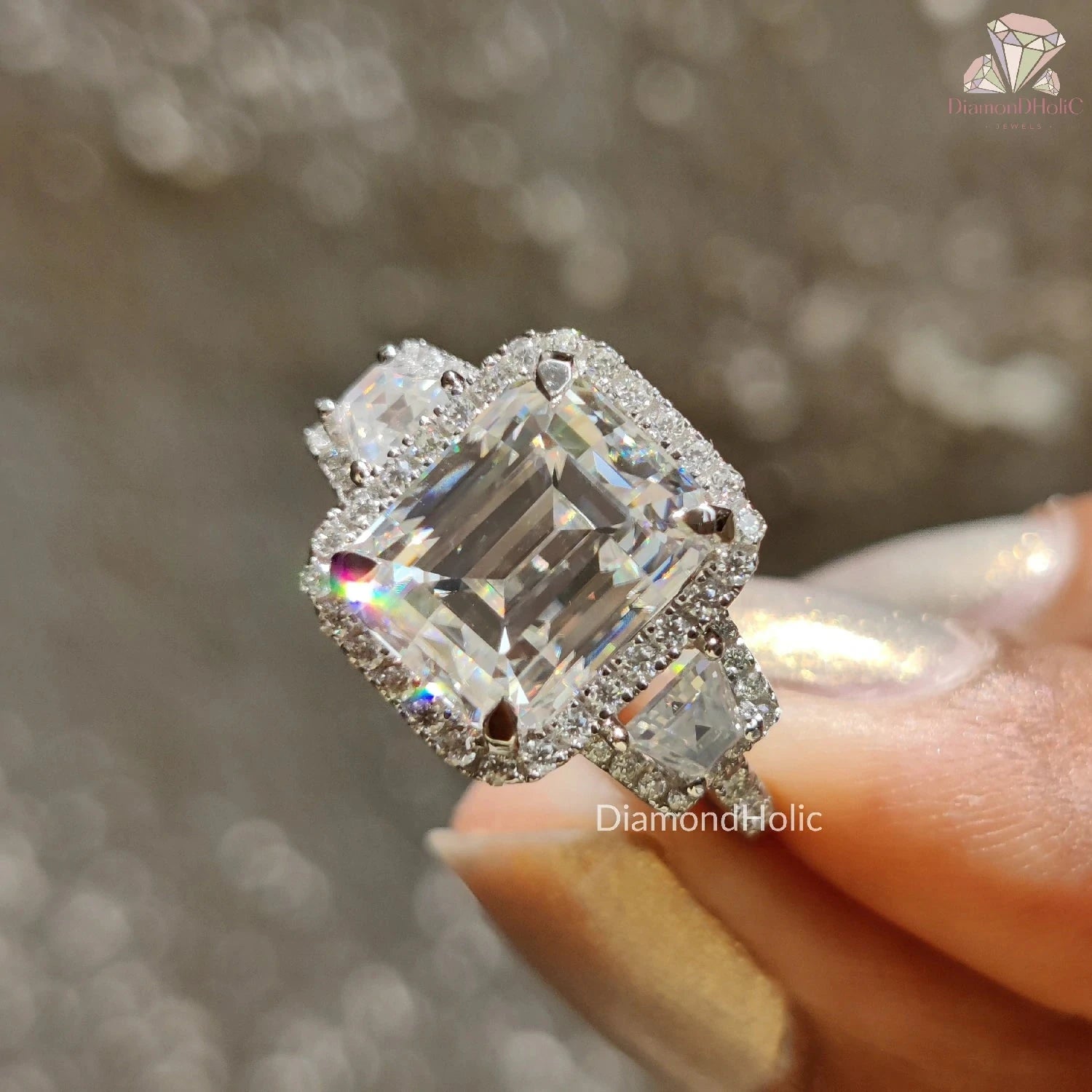 Emerald Cut Moissanite Three Stone Halo Engagement Ring 