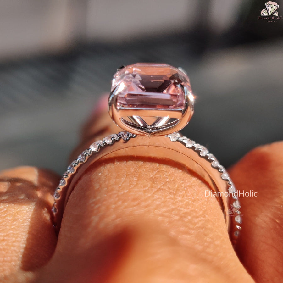 Emerald Cut Morganite Pave Set Engagement Rings