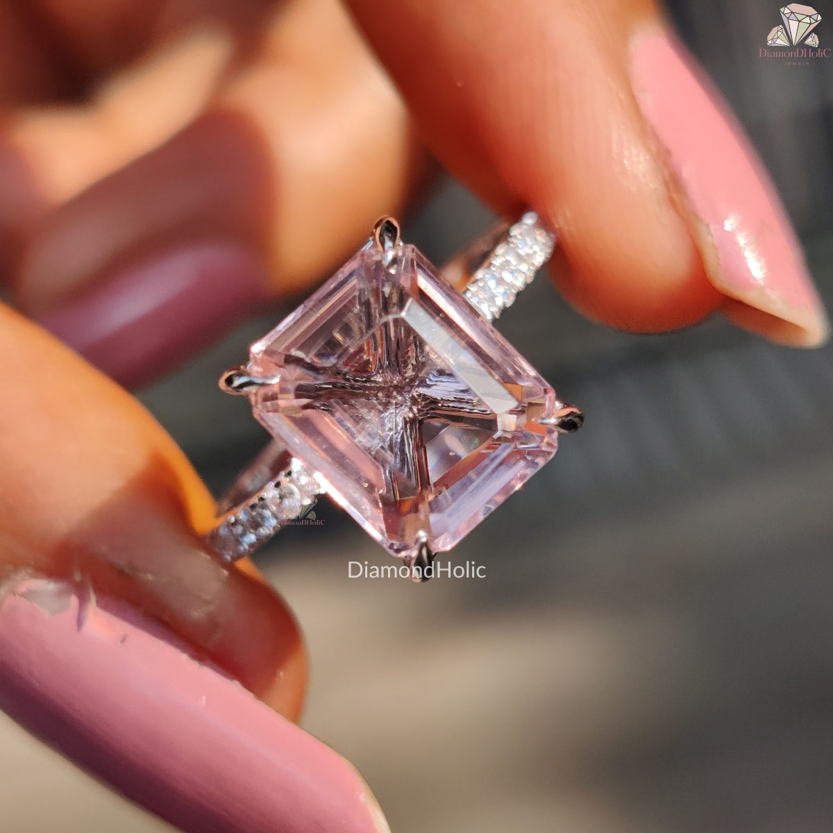 Emerald Cut Morganite Stone Bridal Ring Set