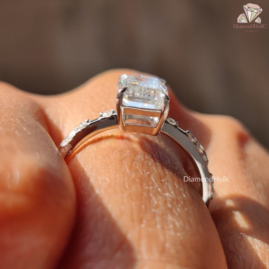 Emerald Cut Moissanite Pave Engagement Rings