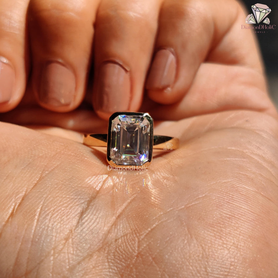 Emerald Cut Moissanite Solitaire Yellow Gold Engagement Ring