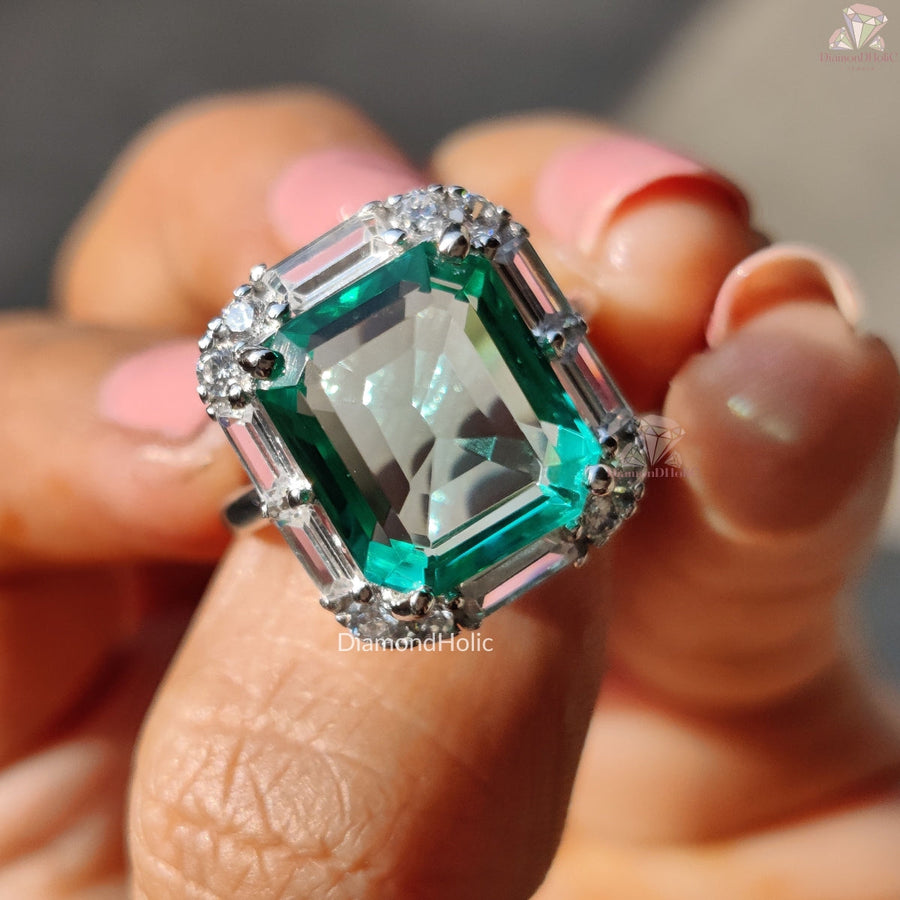 Green Emerald and Baguette Cut Moissanite Halo Ring 