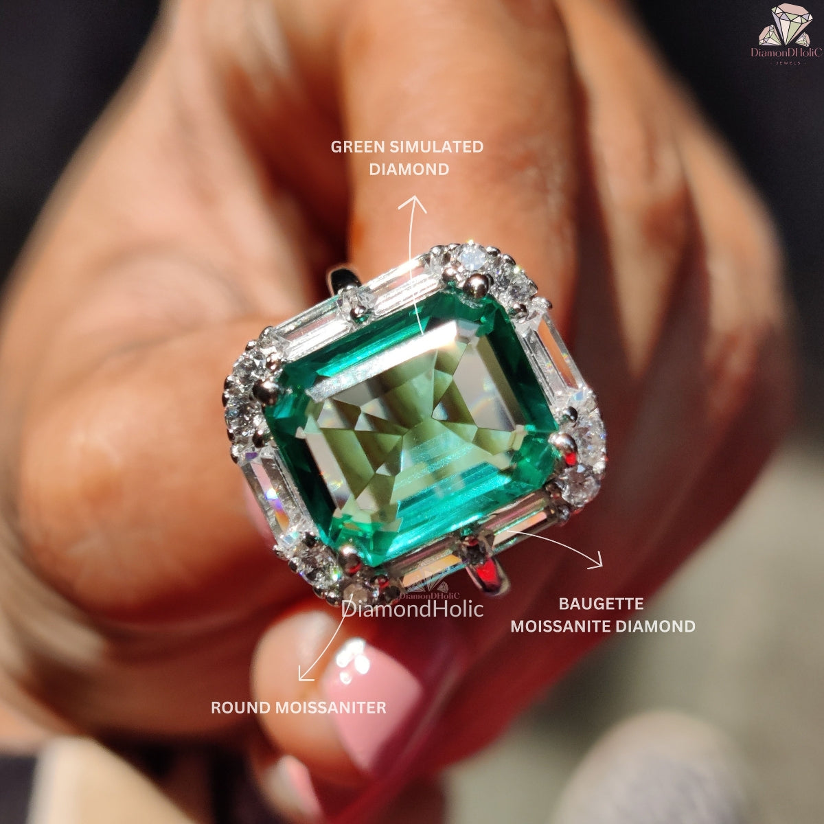 Emerald and Baguette Cut  Moissanite Ring 