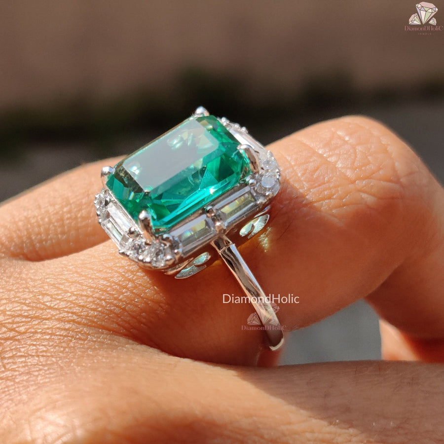 Emerald and Baguette Cut White Gold Moissanite Halo Ring