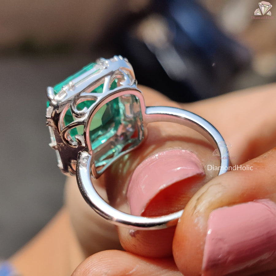 Green Emerald and Baguette Cut Moissanite Gold Rings