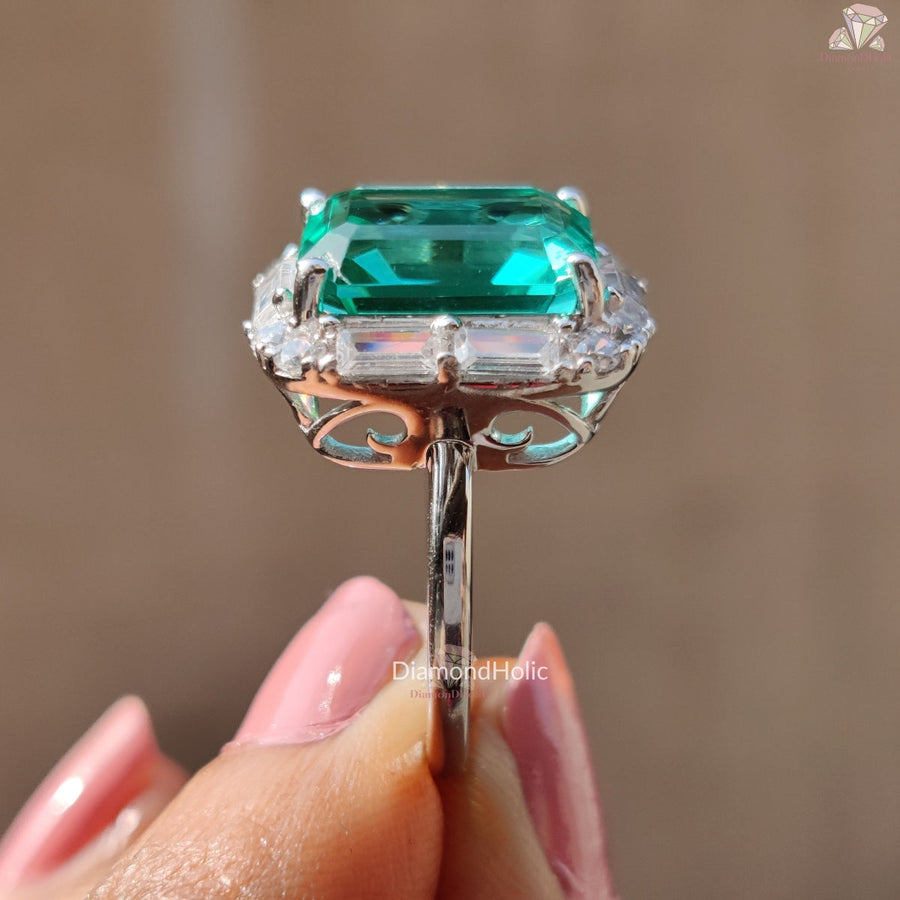 Green Emerald and Baguette Cut Moissanite Ring 