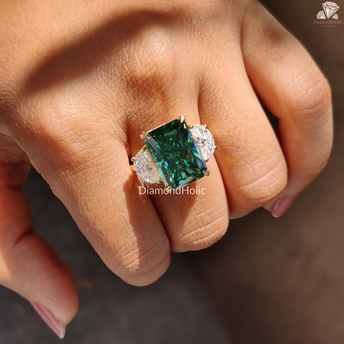 Green Moissanite Three Stone Engagement Ring