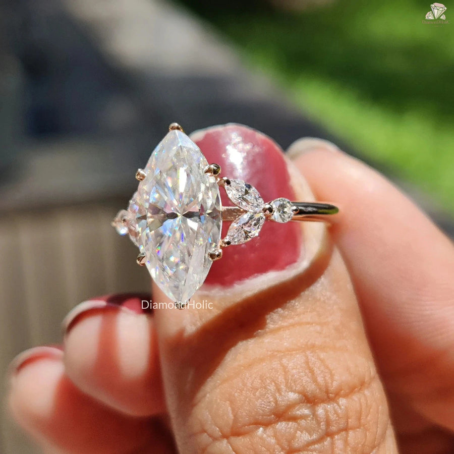 Marquise Cut Moissanite Ring With Side Marquise and Round Diamond Stones