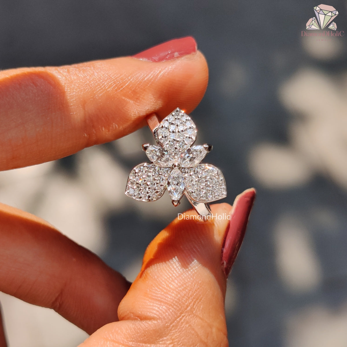 Front View Of Marquise and Round Cut Moissanite Engagement Ring