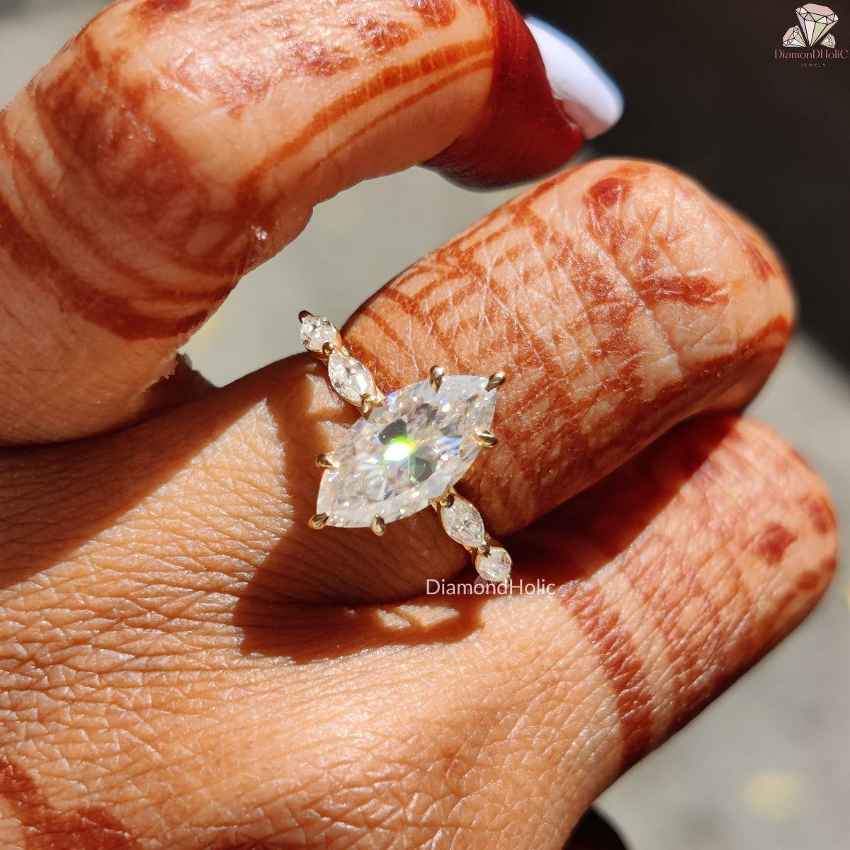Marquise Cut Moissanite Hidden Halo Six Prong Engagement Rings