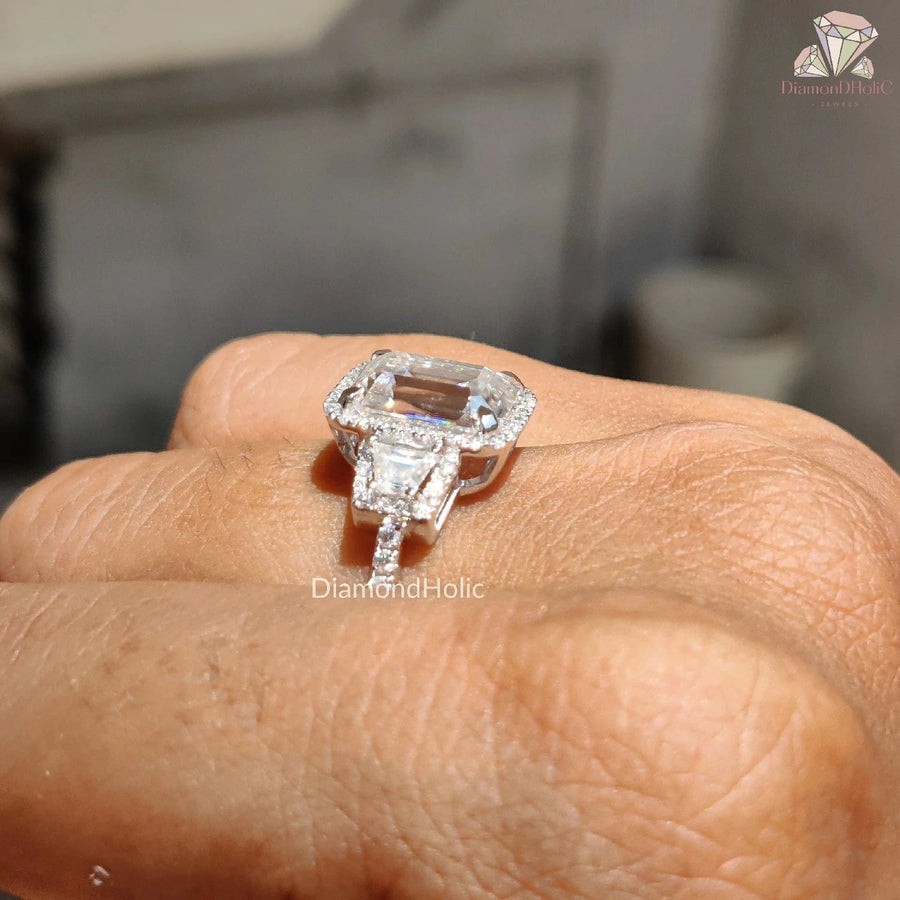 Moissanite Three Stone Halo Engagement Ring