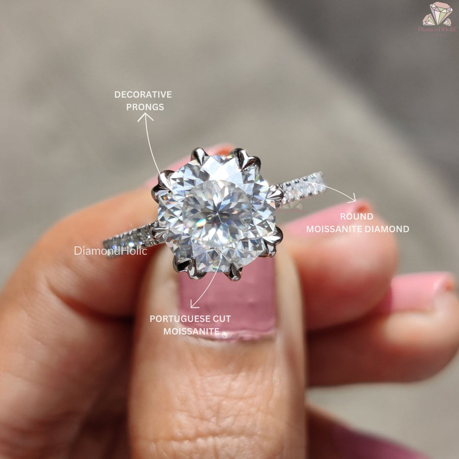 Portuguese Cut Engagement Ring With Moissanite Side Diamonds