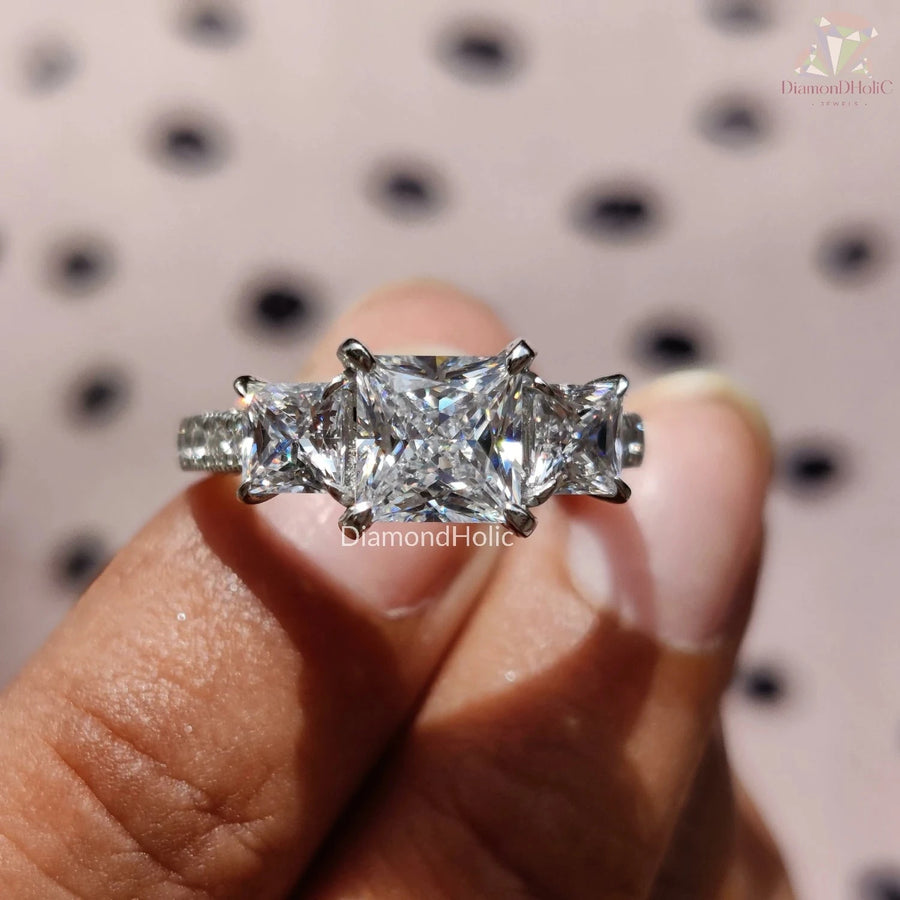 Princess Cut Three Stone Moissanite Engagement Ring With Pave Set