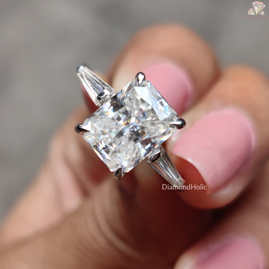 Radiant Cut 3 Stone Engagement Ring With Side Tapered Baguette Cut Diamonds