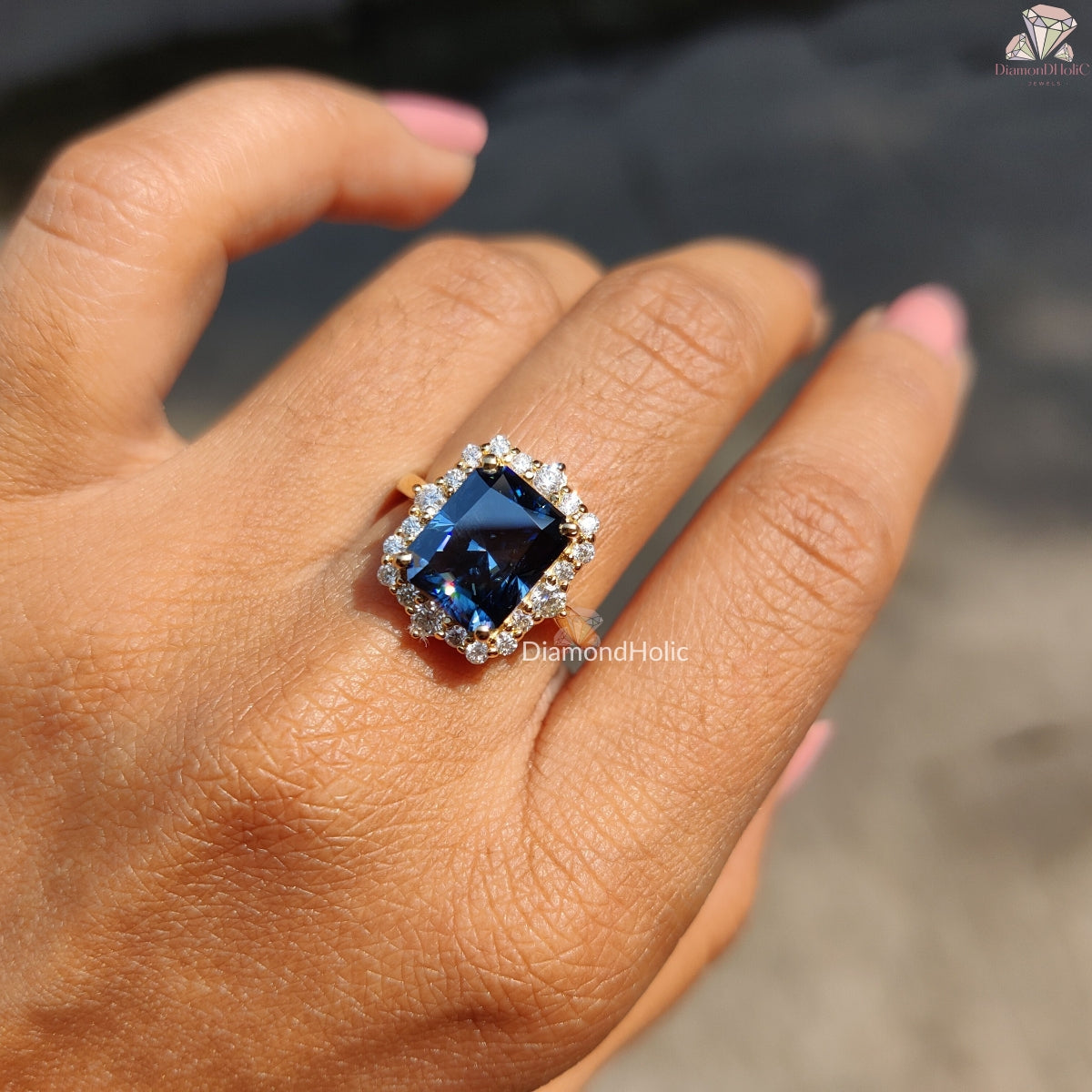Royal Blue Radiant Cut Moissanite Halo Engagement Ring