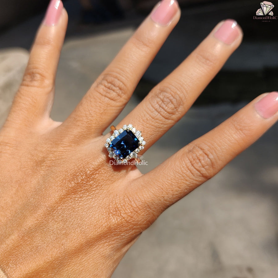 Blue Radiant Cut Moissanite Solitaire Halo Engagement Ring
