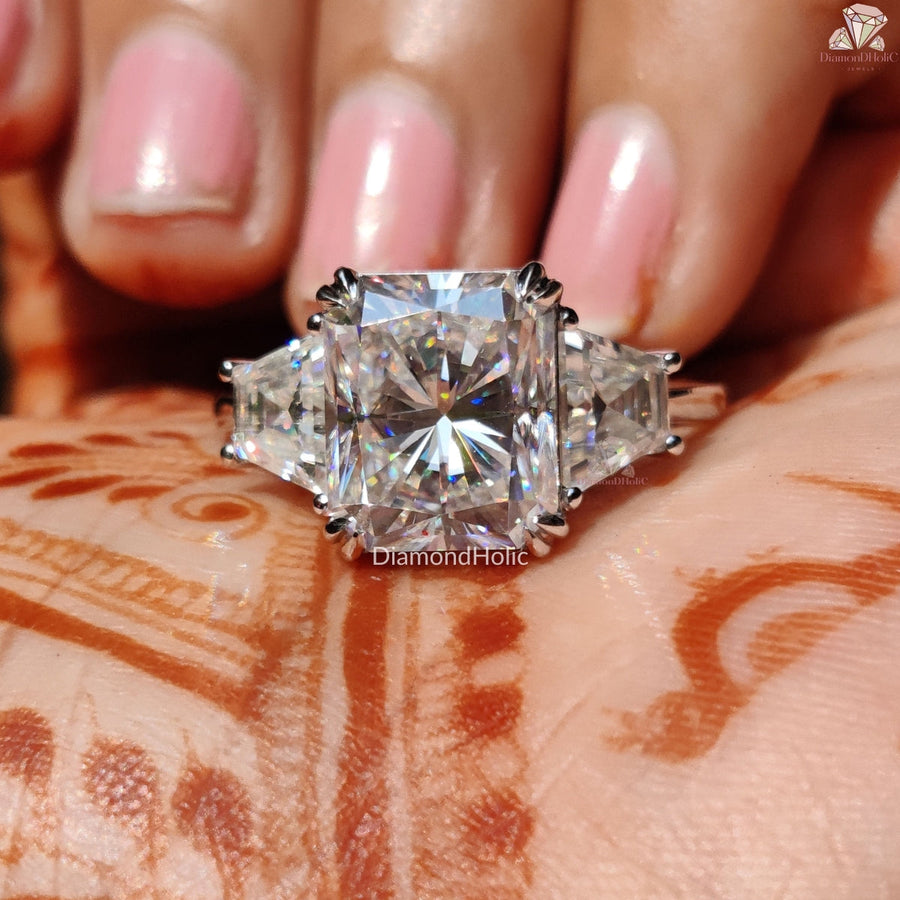 3.80 Radiant Cut Moissanite Three Stone Ring Trapezoid Diamond Accents