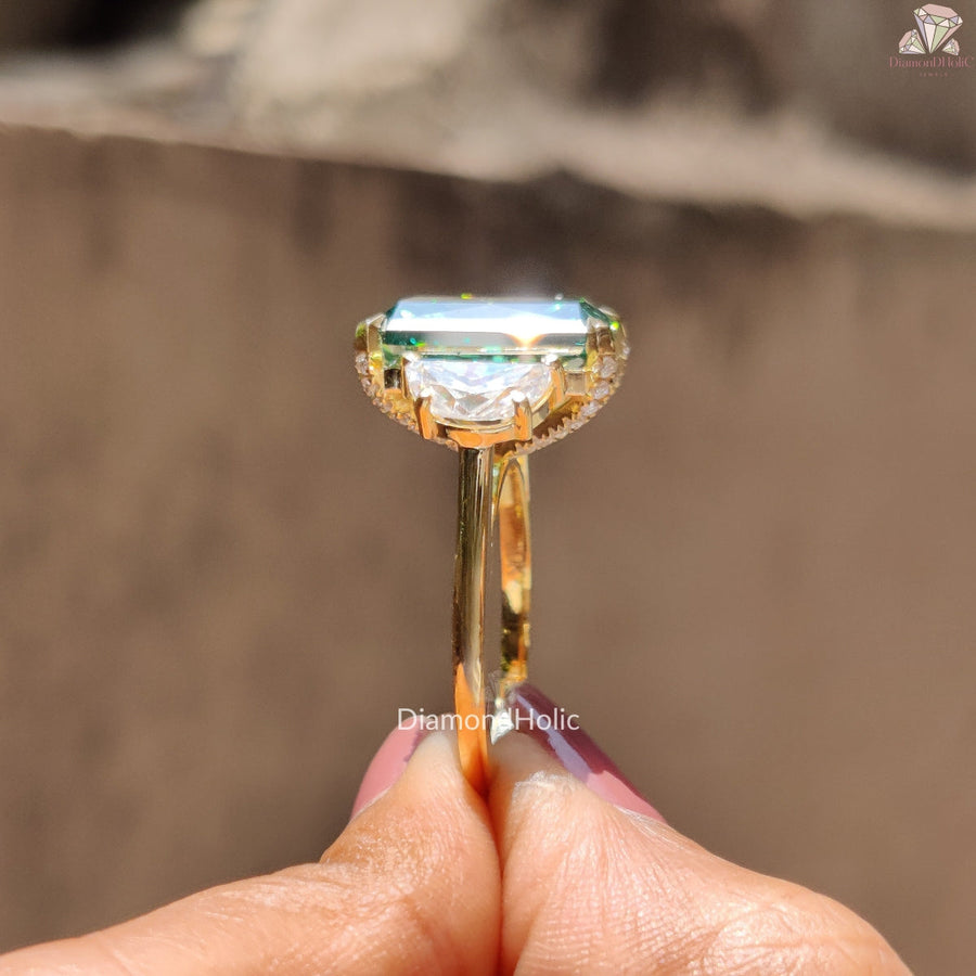 Radiant cut moissanite three stone engagement ring with hidden halo