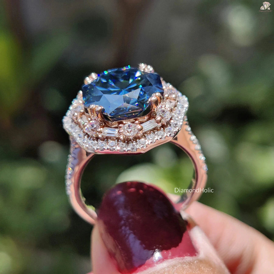 Royal Blue Octa Cut Moissanite Diamond Ring 