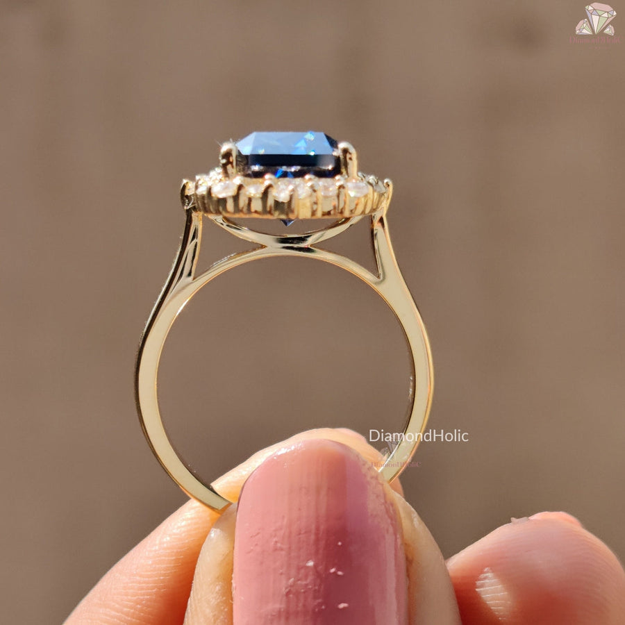 Royal Blue Radiant Cut Moissanite Halo Rose Gold Engagement Ring