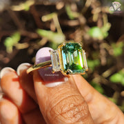 Three Stone Green Emerald Cut Moissanite Ring